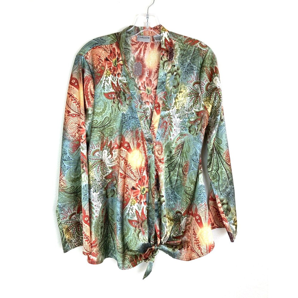 Chico's Women's One Button Bottom Front Tie Blouse Size M 8-10 Satin Chico's 1